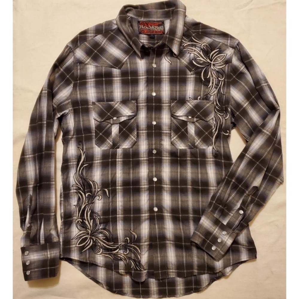 Rock & Roll Cowboy,Black,Grey,White,Pearl Snap Western Button Up,Large
